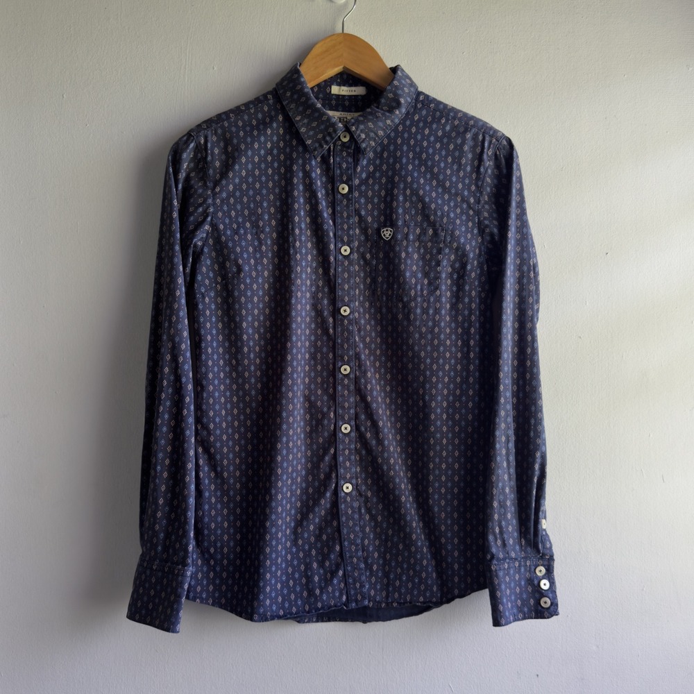 Ariat REAL Fitted Western Diamond Print Shirt Womens Medium Navy Blue Cowgirl
